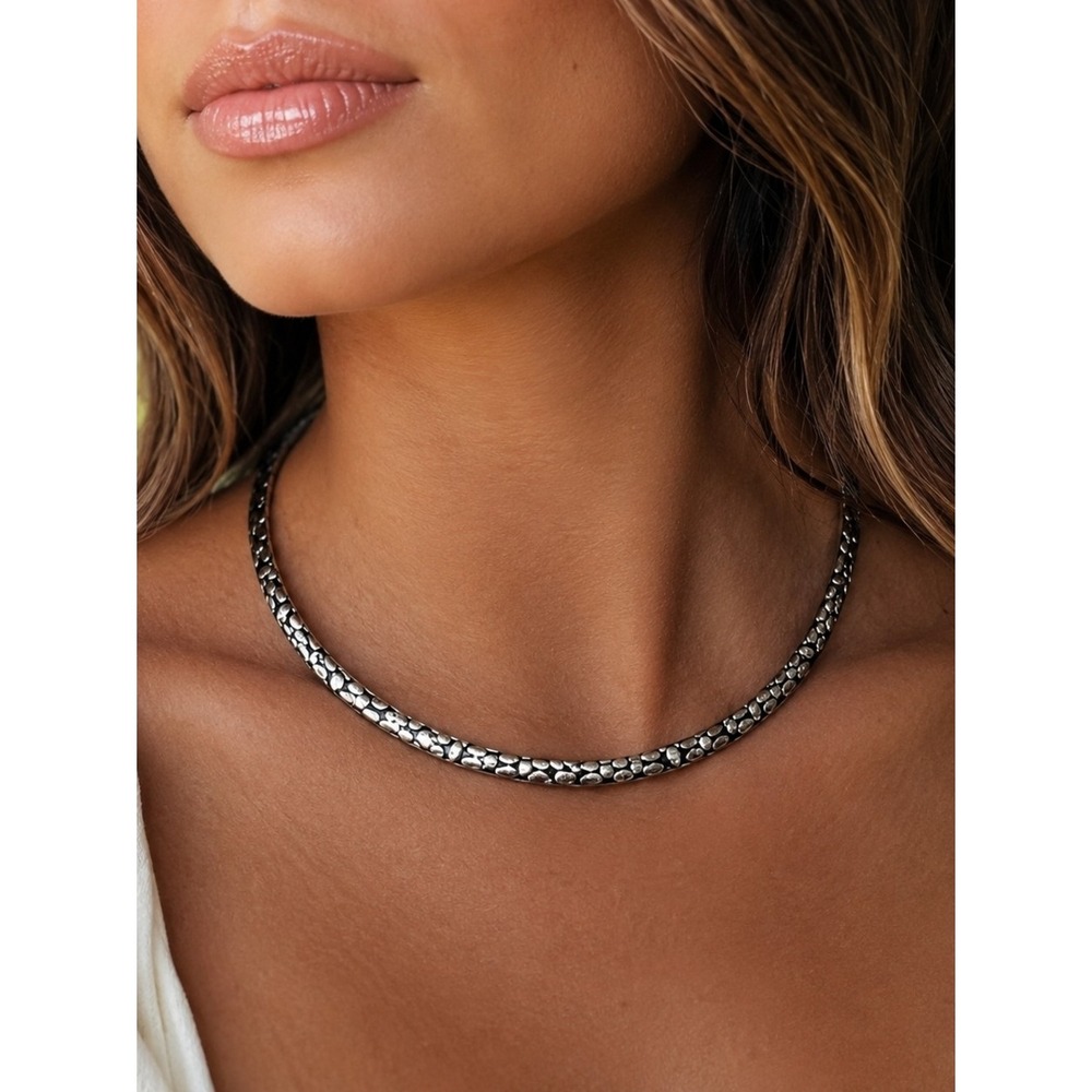 Vintage Silver Tone Collar Necklace Modernist Choker Pebble Artisan Signed Best